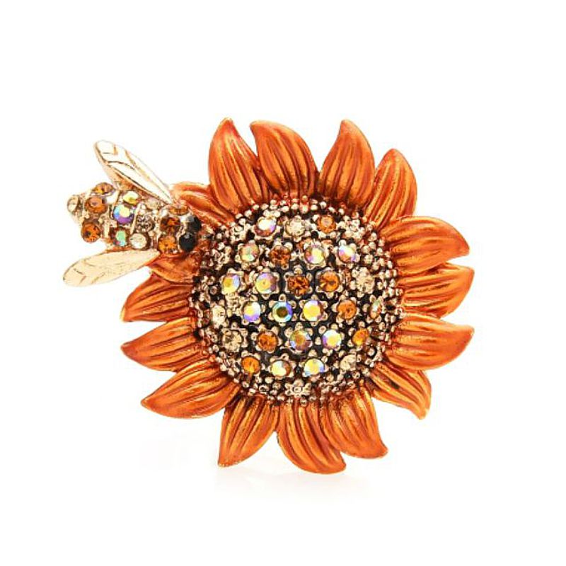 Small Sunflower Pin - Orange with Crystals and Bee - Click Image to Close